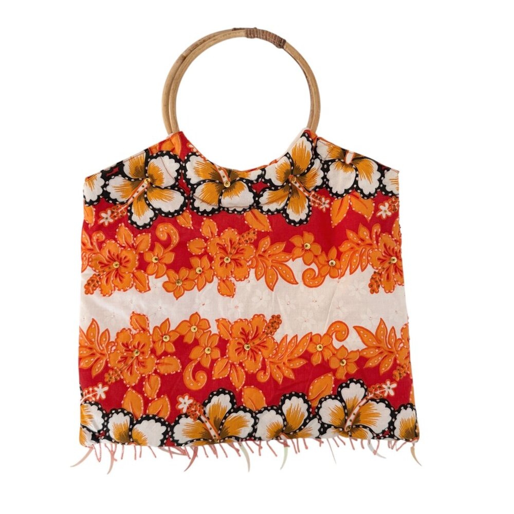 Kisses & Hugs Vintage Tropical Resort Floral Boho Beaded Bamboo Handle Purse Bag